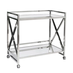 Worlds Away Gerard "X" Bar Cart With Mirrored Shelves - Polished Stainless