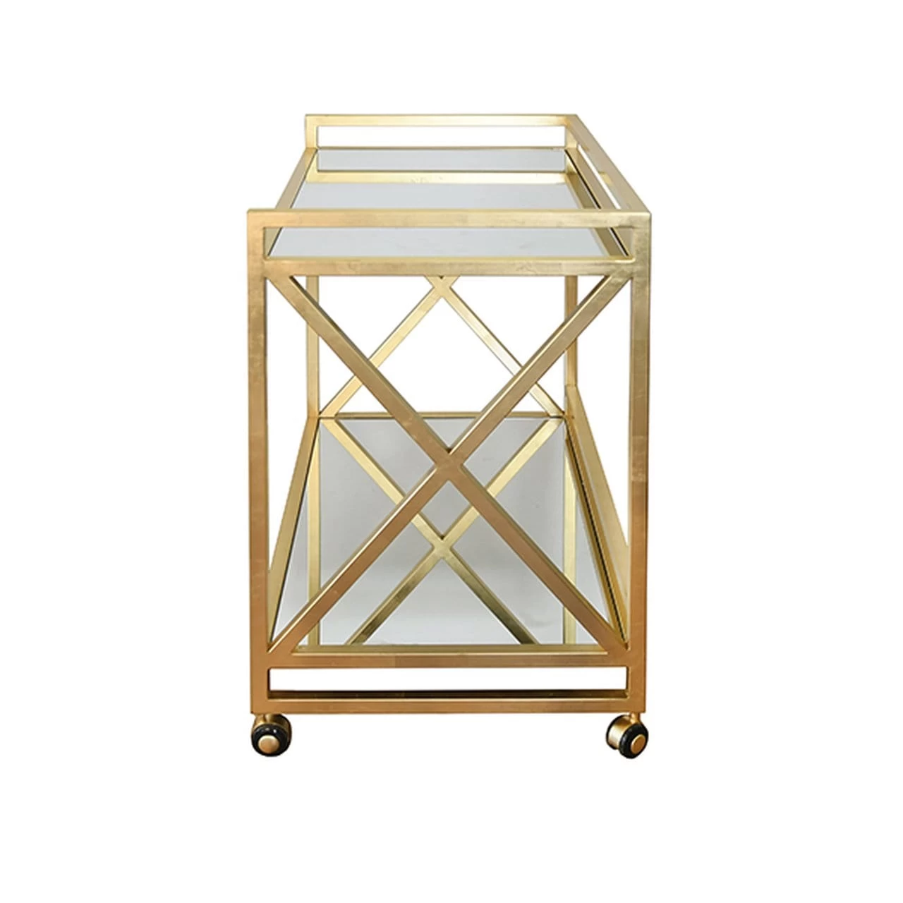 Worlds Away Gerard "X" Bar Cart With Mirrored Shelves - Gold Leaf 5 Worlds Away Gerard "X" Bar Cart With Mirrored Shelves - Gold Leaf - Image 3