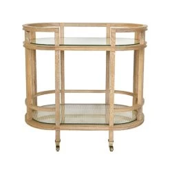 Worlds Away Zaina Oval Bar Cart With Two Natural Cane Shelves & Cerused Oak Frame