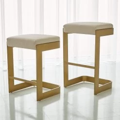 Global Views Regan High Bar Stool With Ivory Leather Antique Brass