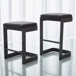 Global Views Regan Low Bar Stool With Black Leather Graphite