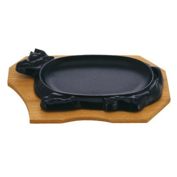Ikenaga Cast Iron Cow Shaped Sizzle Platter With Wood Base 3 Ikenaga Cast Iron Cow Shaped Sizzle Platter With Wood Base